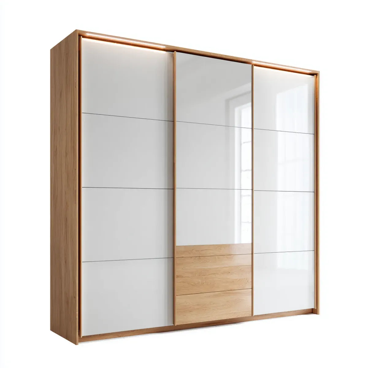 Szafa z drzwiami przesuwanymi lekki dąb i biały z lustrem 180 x 60 x 220 cm