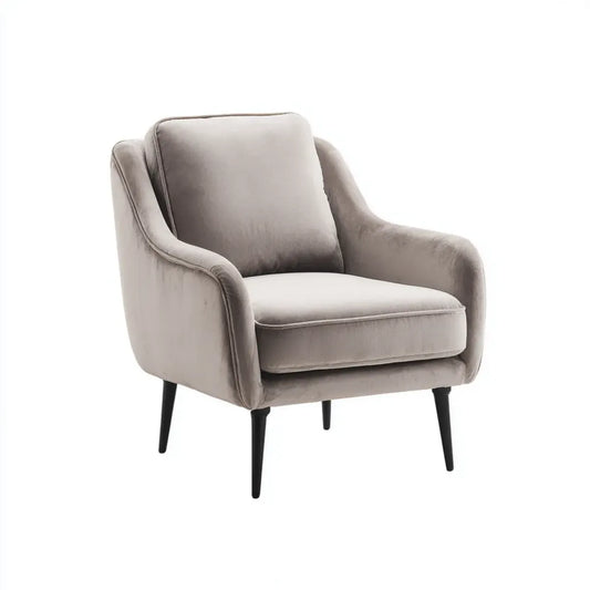 Fotel w pokoju dziennym otoczony szarym taupe 76 x 75 x 82 cm w aksamicie poliestrowym i stali