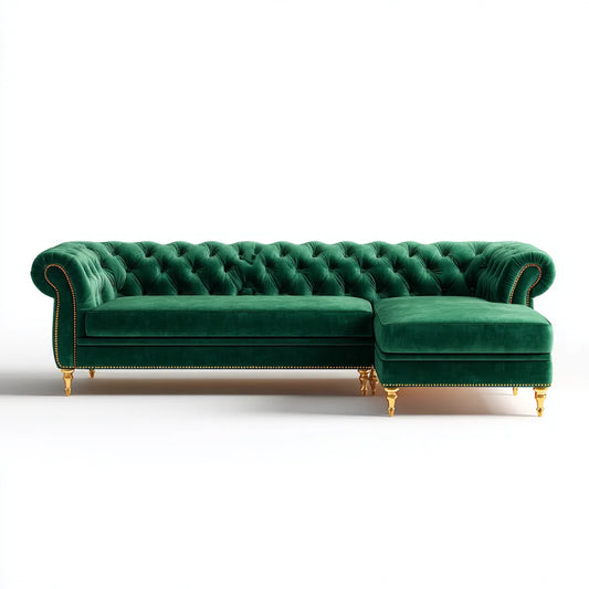 Sofa, Chesterfield narożna sofa z recamer prawa zielony 280 x 170 x 85 cm poliestrowy aksamit