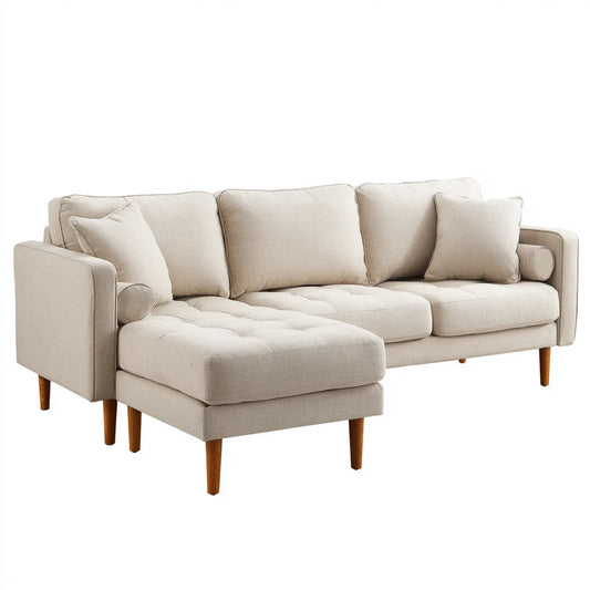Sofa, Kanapa narożna z krzesełkiem z lewym beżowym poliestrem i litym drewnem 240 x 155 x 85 cm