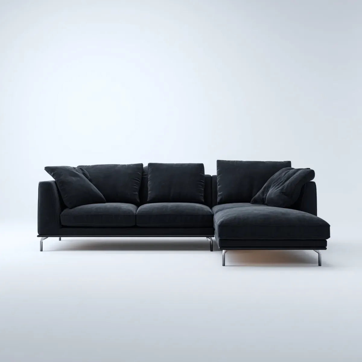 Sofa, Kanapa narożna z krzesełkiem z prawej czarny 280 x 160 x 85 cm w efekt aksamitu poliestrowego