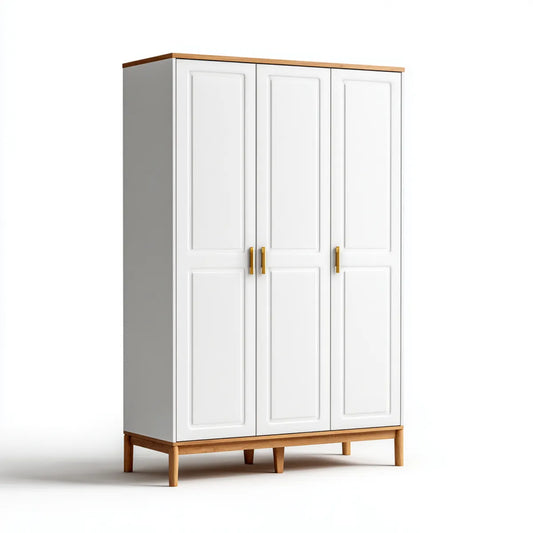 Szafa szafowa 3 białe drzwi i drewno naturalne 150 x 55 x 200 cm w prostokątnych panelach MDF