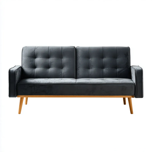 Sofa, 3 ciemnoszara poliestrowa aksamitna sofa z litymi nogami z hevea drewna prostokątna kształt 180 x 81 x 83 cm
