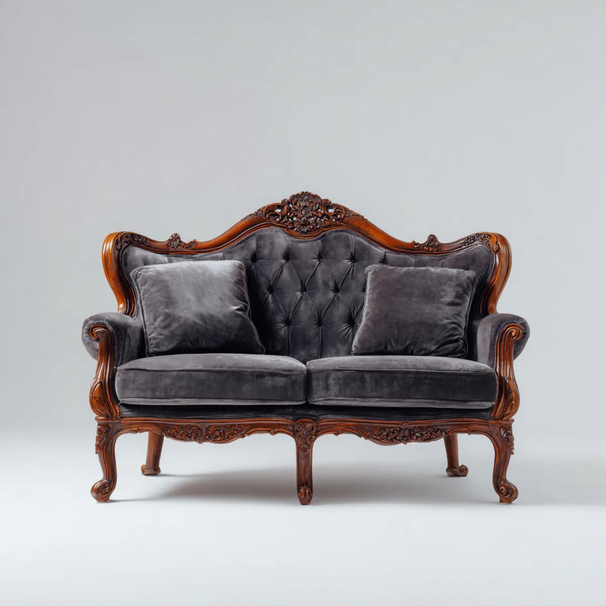 Sofa 2 ciemnoszara poliestrowa aksamitna sofa o kształcie litego drewna 150 x 85 x 115 cm