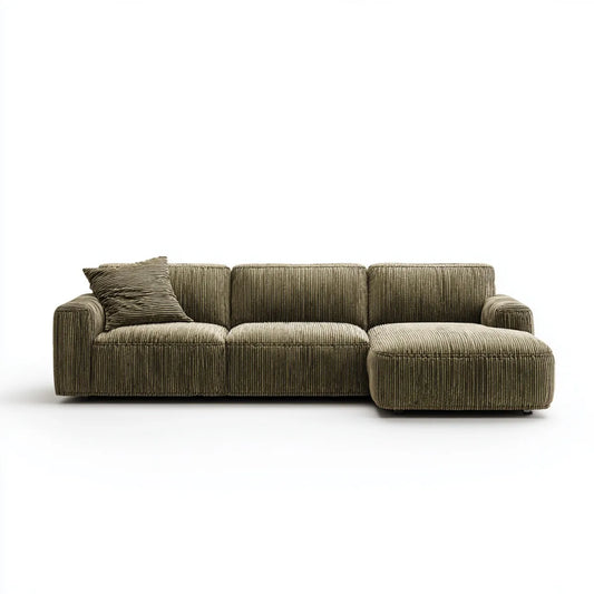 Sofa, Rożna sofa 3 fotele z krzesełkiem z prawej strony oliwkowej aksamitnej zieleni na łyżwach 270 x 160 x 85 cm