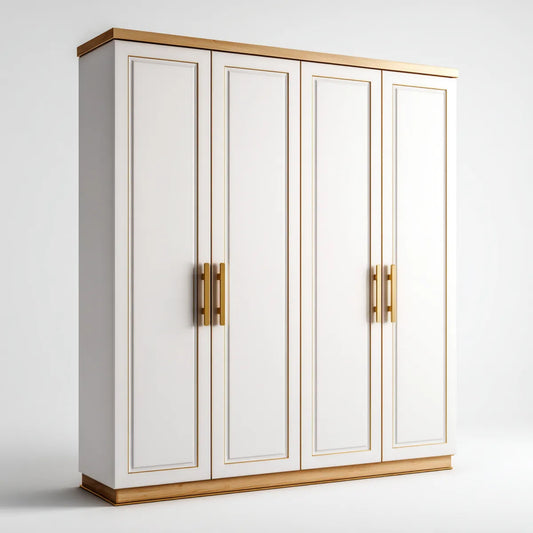 Szafa sypialna 4 drzwi białe i złote 200 x 200 x 60 cm w prostokątnych panelach MDF