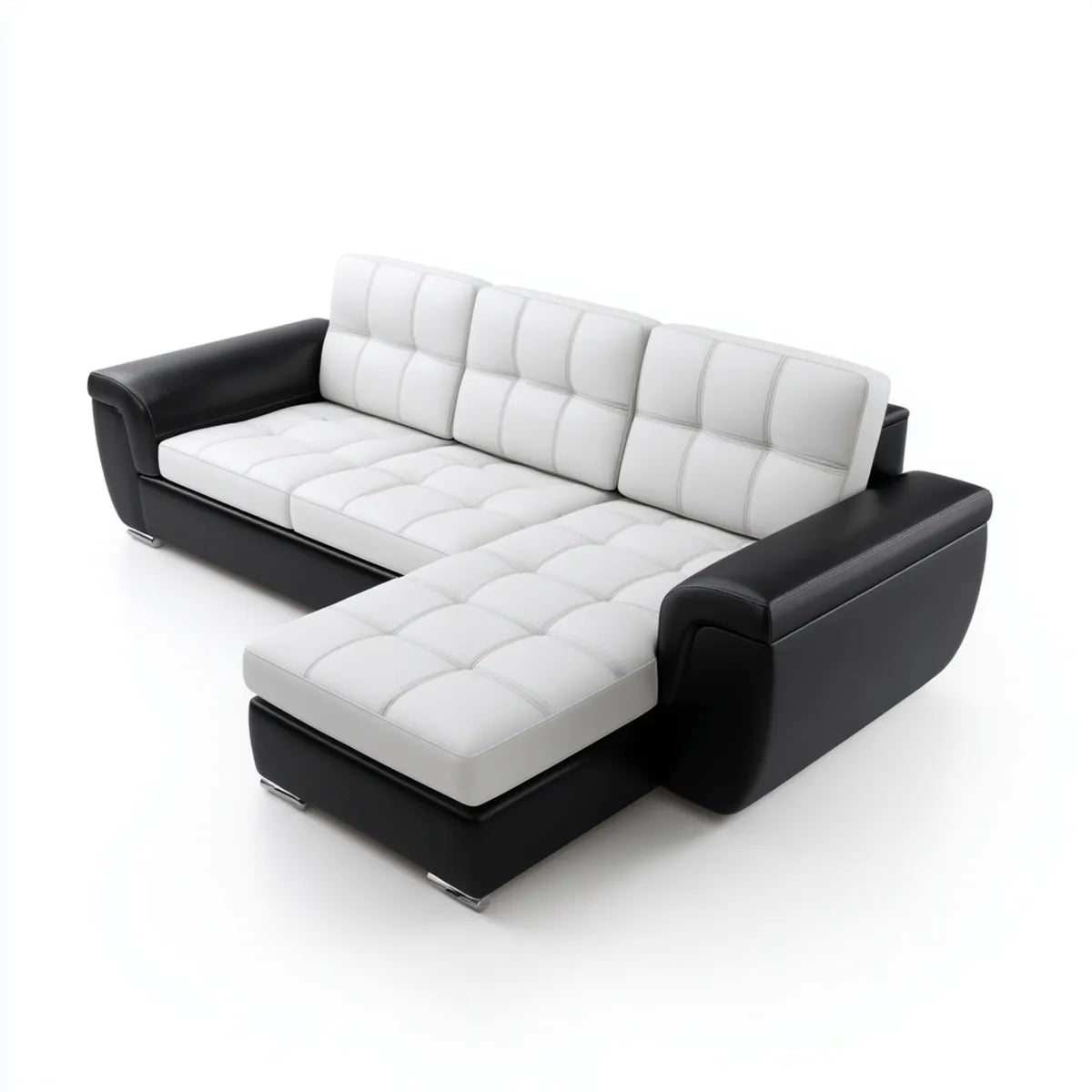 Sofa, Kanapa narożna 3 fotele z krzesełkiem z czarnym i białym syntetycznym poliuretanem 260 x 160 x 85 cm