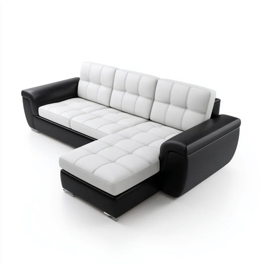 Sofa, Kanapa narożna 3 fotele z krzesełkiem z czarnym i białym syntetycznym poliuretanem 260 x 160 x 85 cm