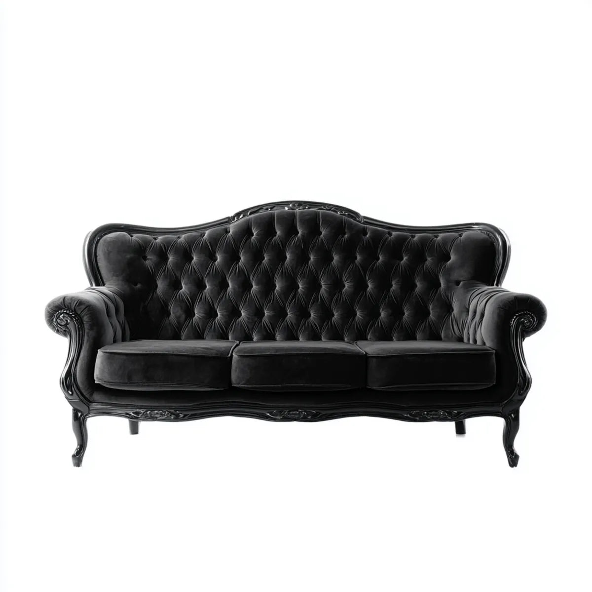 Sofa, 3 fotele czarne poliestrowa aksamitna sofa z tyłu kapitonné 210 x 90 x 110 cm