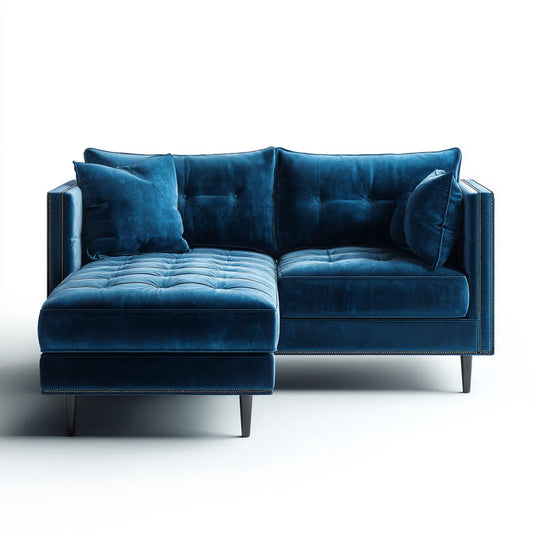 Sofa z krzesełkowym longiem lewym niebieskim 220 x 150 x 85 cm w aksamicie poliestru kątowego