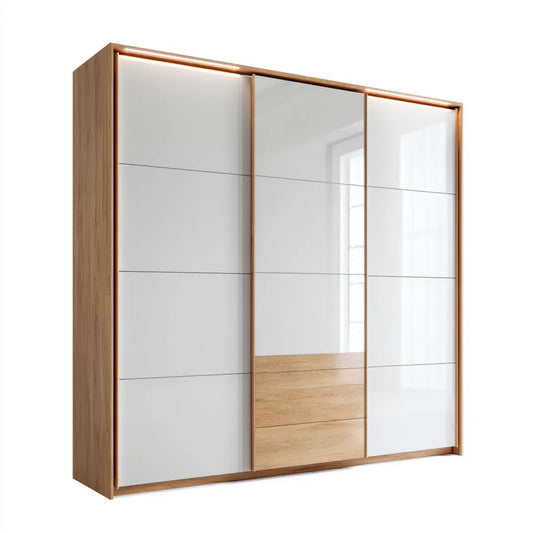 Szafa z drzwiami przesuwanymi lekki dąb i biały z lustrem 180 x 60 x 220 cm